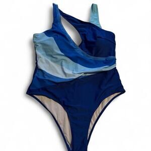 Blue and white one piece swimsuit
